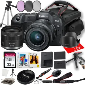 Canon EOS R8 Mirrorless Camera with 24-50mm Lens   32 GB Memory   Spare High Capacity Battery   Filters   Tripod   Mini Tripod   More (26 pc Bundle) (Renewed)