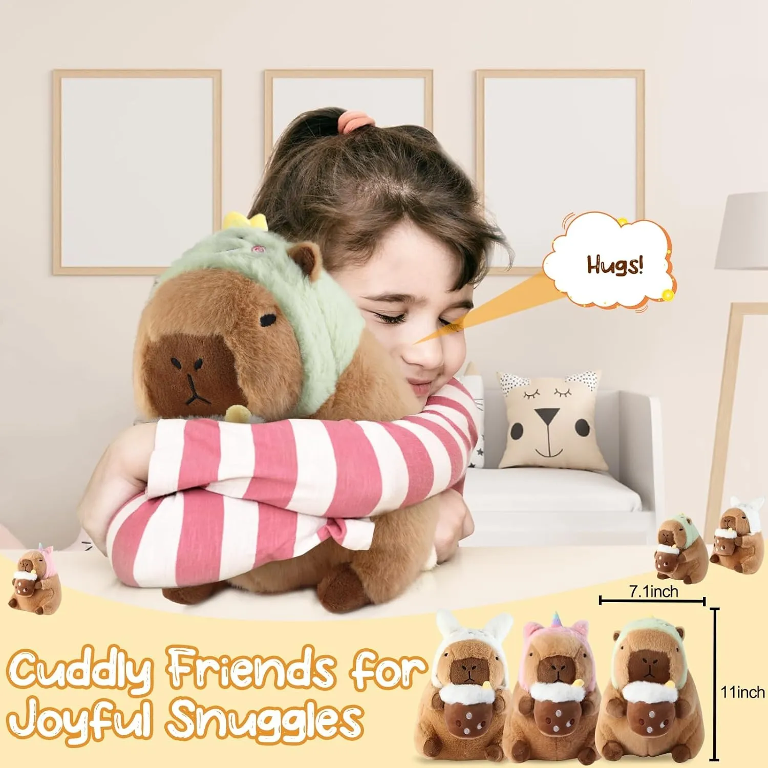 Capybara Plush Pillow Kawaii Soft Stuffed Animals Toy with Dinosaur Hood Cute Capibara Plushie Gifts for Kids Girls Boys Birthday Valentine Room Decor 11 Inch