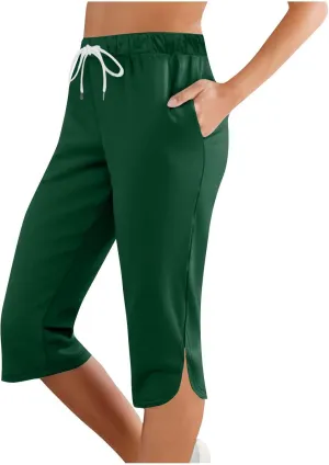 Cargo Capri Pants for Women Wide Leg Linen Pants for Women Loose High Waisted Wide Leg Lounge Drawstring Casual Palazzo