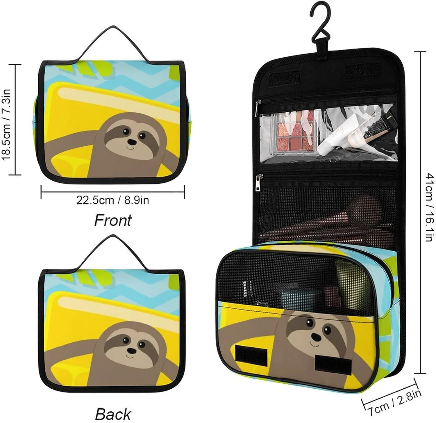 Cartoon Beach Hanging Toiletry Bag for Women, Sloth Personalized Makeup Bag Cosmetic Bags with Sturdy Hook,Leather Waterproof Travel Toiletry Bag