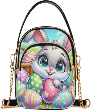 Cartoon Easter Bunny and Eggs Cross Body Bags Triple Zip Small Handbag, Small Bags for Women