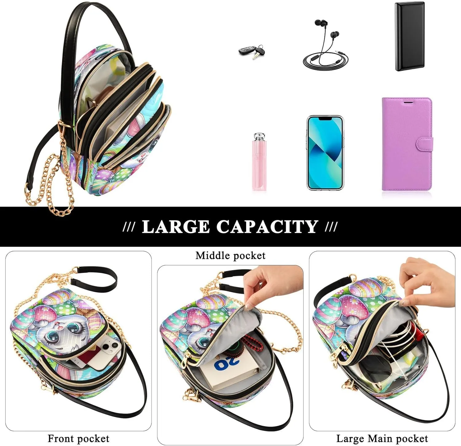 Cartoon Easter Bunny and Eggs Cross Body Bags Triple Zip Small Handbag, Small Bags for Women