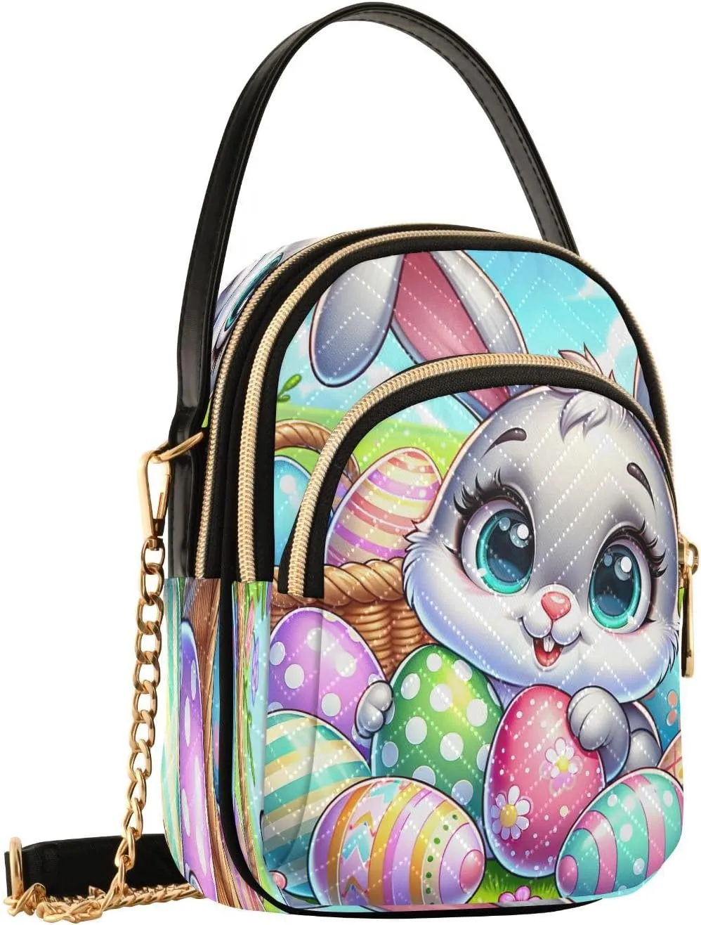 Cartoon Easter Bunny and Eggs Cross Body Bags Triple Zip Small Handbag, Small Bags for Women