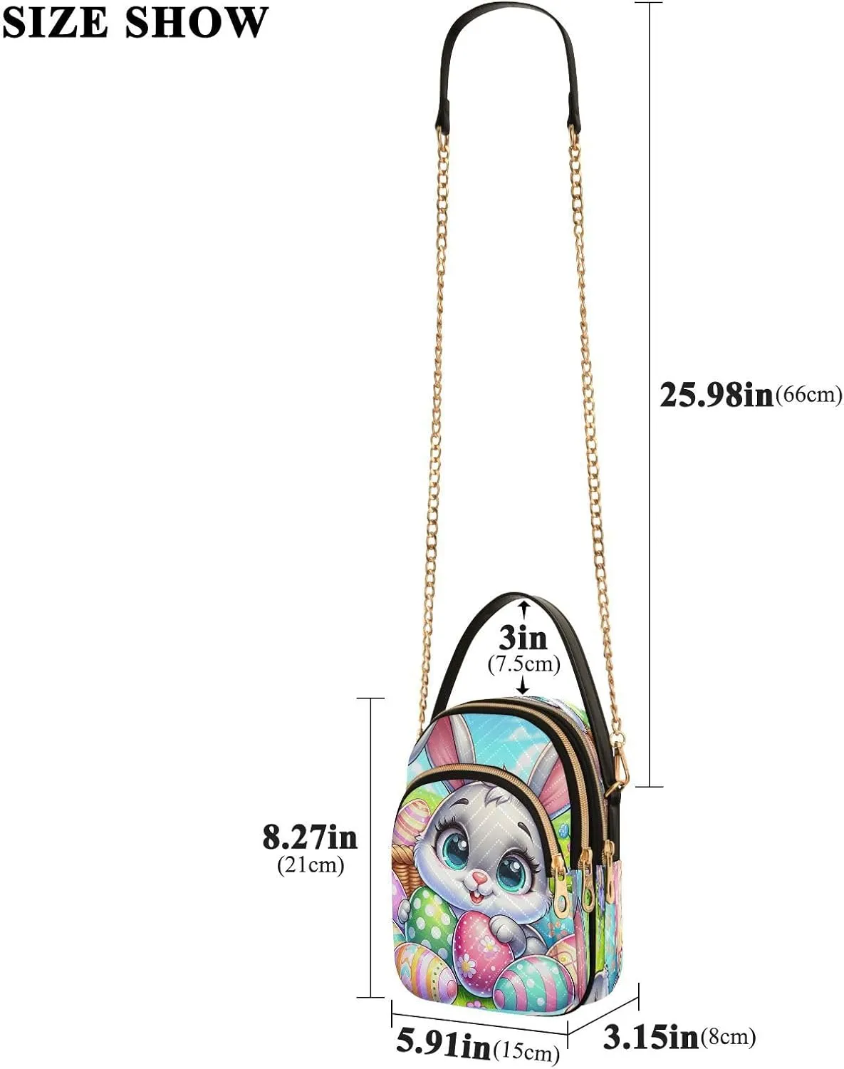 Cartoon Easter Bunny and Eggs Cross Body Bags Triple Zip Small Handbag, Small Bags for Women