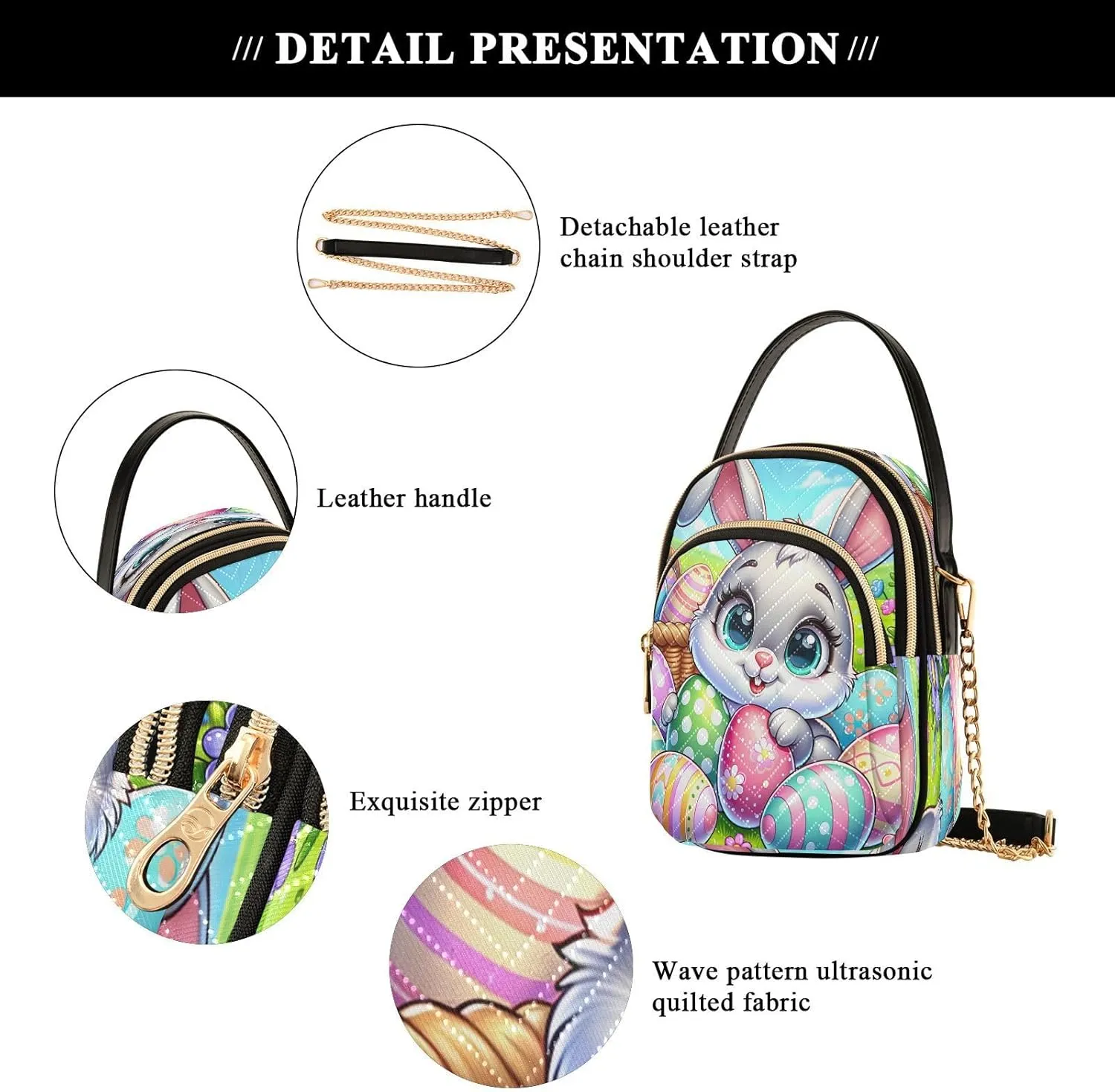 Cartoon Easter Bunny and Eggs Cross Body Bags Triple Zip Small Handbag, Small Bags for Women