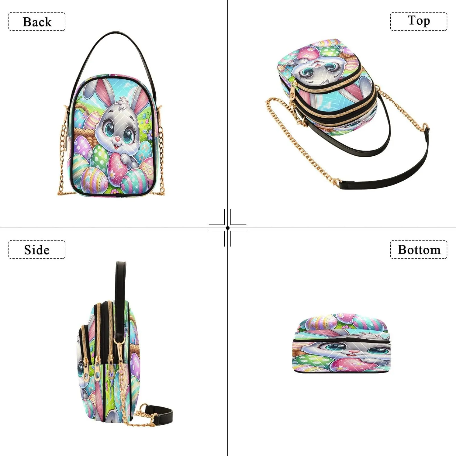 Cartoon Easter Bunny and Eggs Cross Body Bags Triple Zip Small Handbag, Small Bags for Women