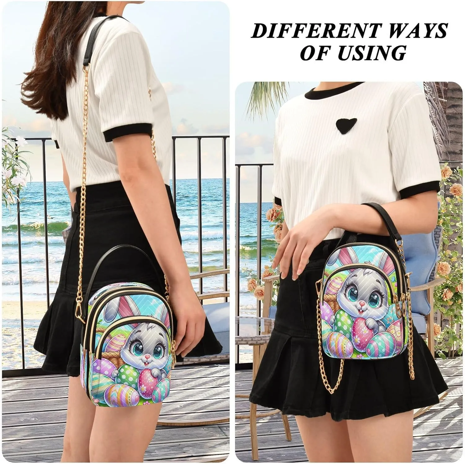Cartoon Easter Bunny and Eggs Cross Body Bags Triple Zip Small Handbag, Small Bags for Women