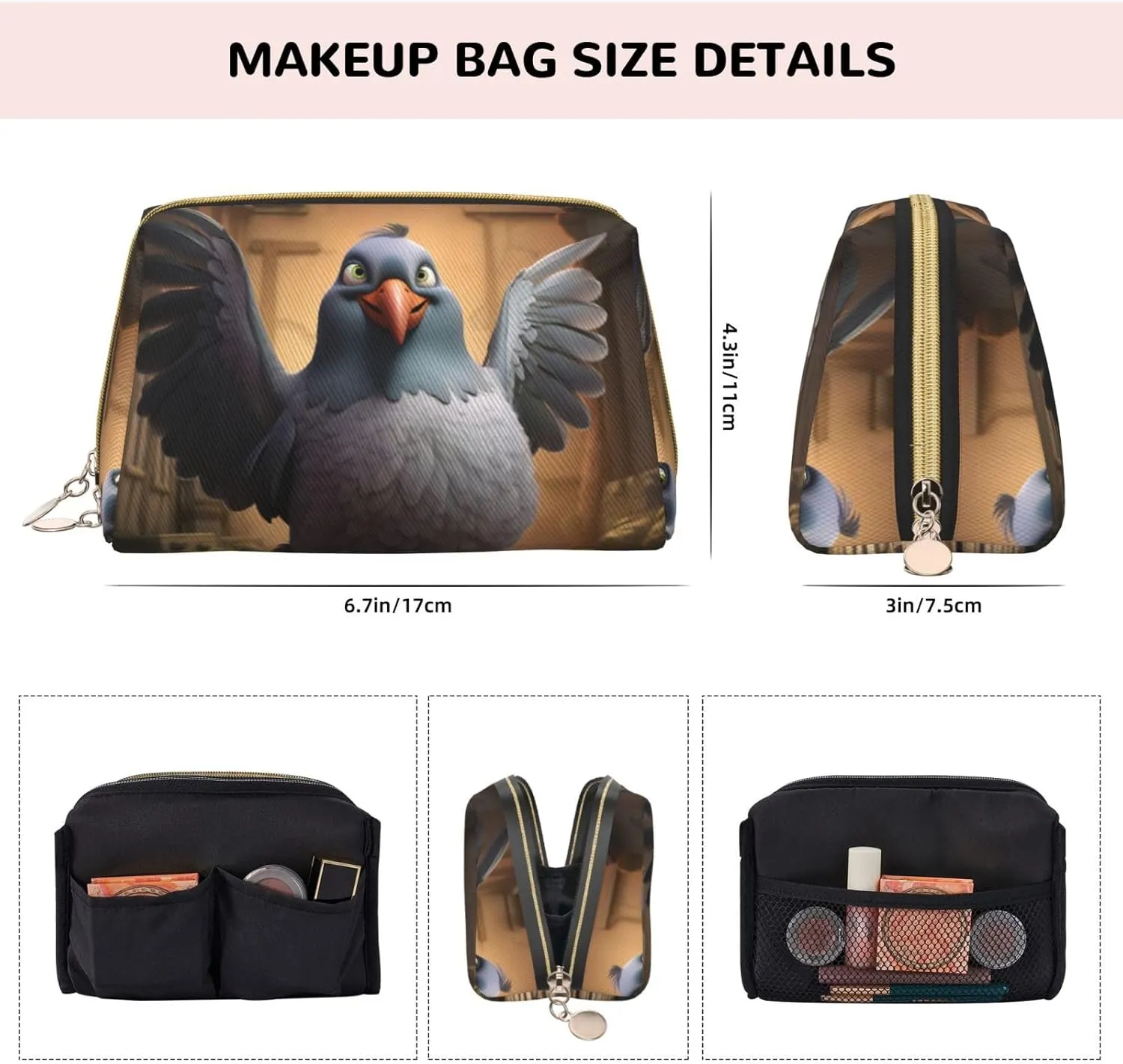 Cartoon Pigeon 1 Leather Toiletry Organizer Bag, Travel-Friendly Makeup Pouch For Women