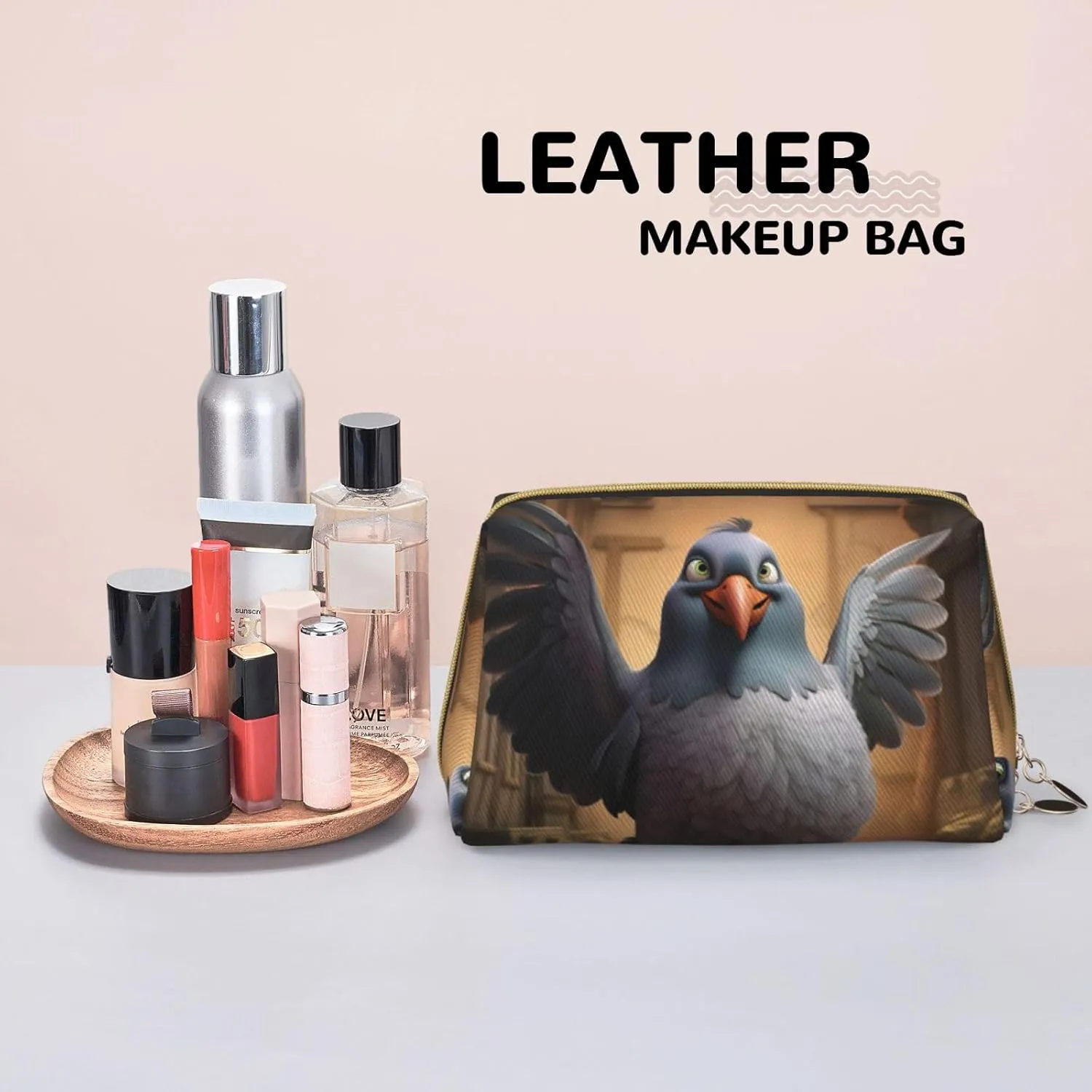 Cartoon Pigeon 1 Leather Toiletry Organizer Bag, Travel-Friendly Makeup Pouch For Women
