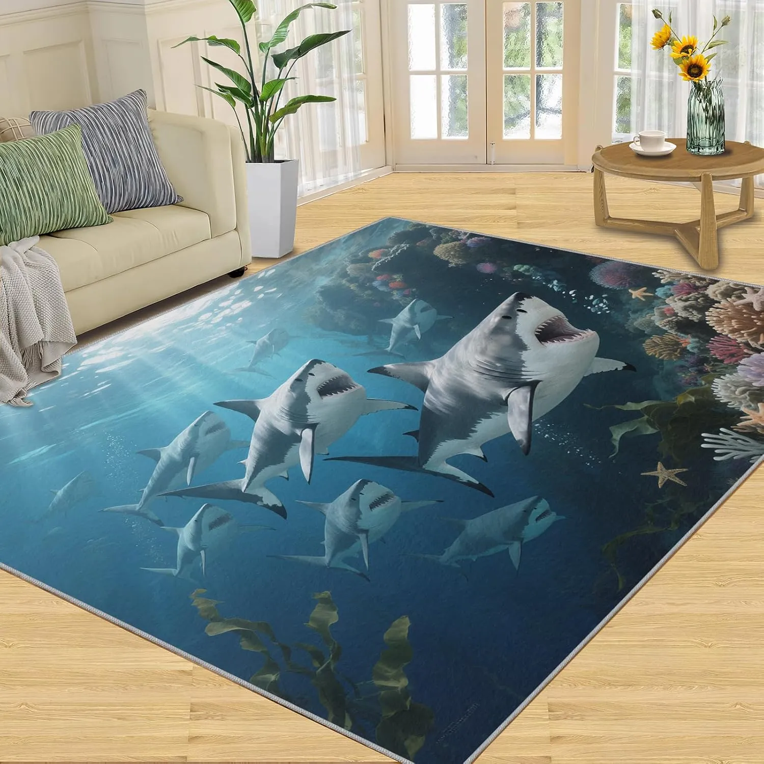 Cartoon Shark Rugs for Bedroom Living Room Playroom, 3 x 2 Area Rug, Blue Ocean Non Slip Indoor Rug, Underwater World Decorative Rugs