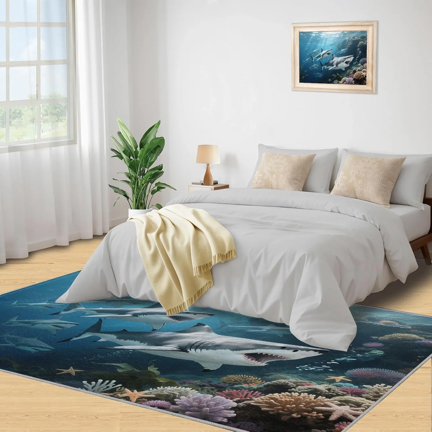 Cartoon Shark Rugs for Bedroom Living Room Playroom, 3 x 2 Area Rug, Blue Ocean Non Slip Indoor Rug, Underwater World Decorative Rugs