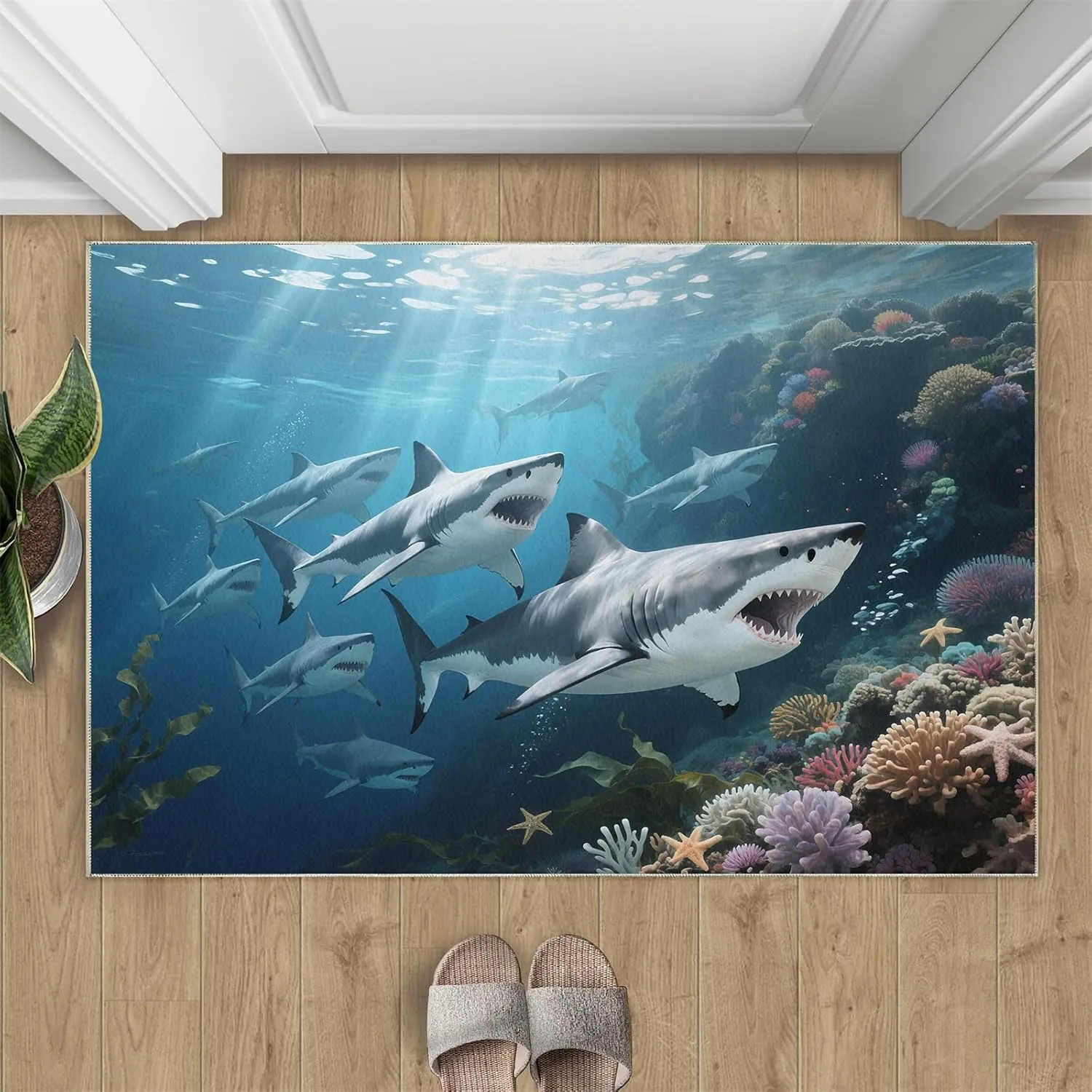 Cartoon Shark Rugs for Bedroom Living Room Playroom, 3 x 2 Area Rug, Blue Ocean Non Slip Indoor Rug, Underwater World Decorative Rugs