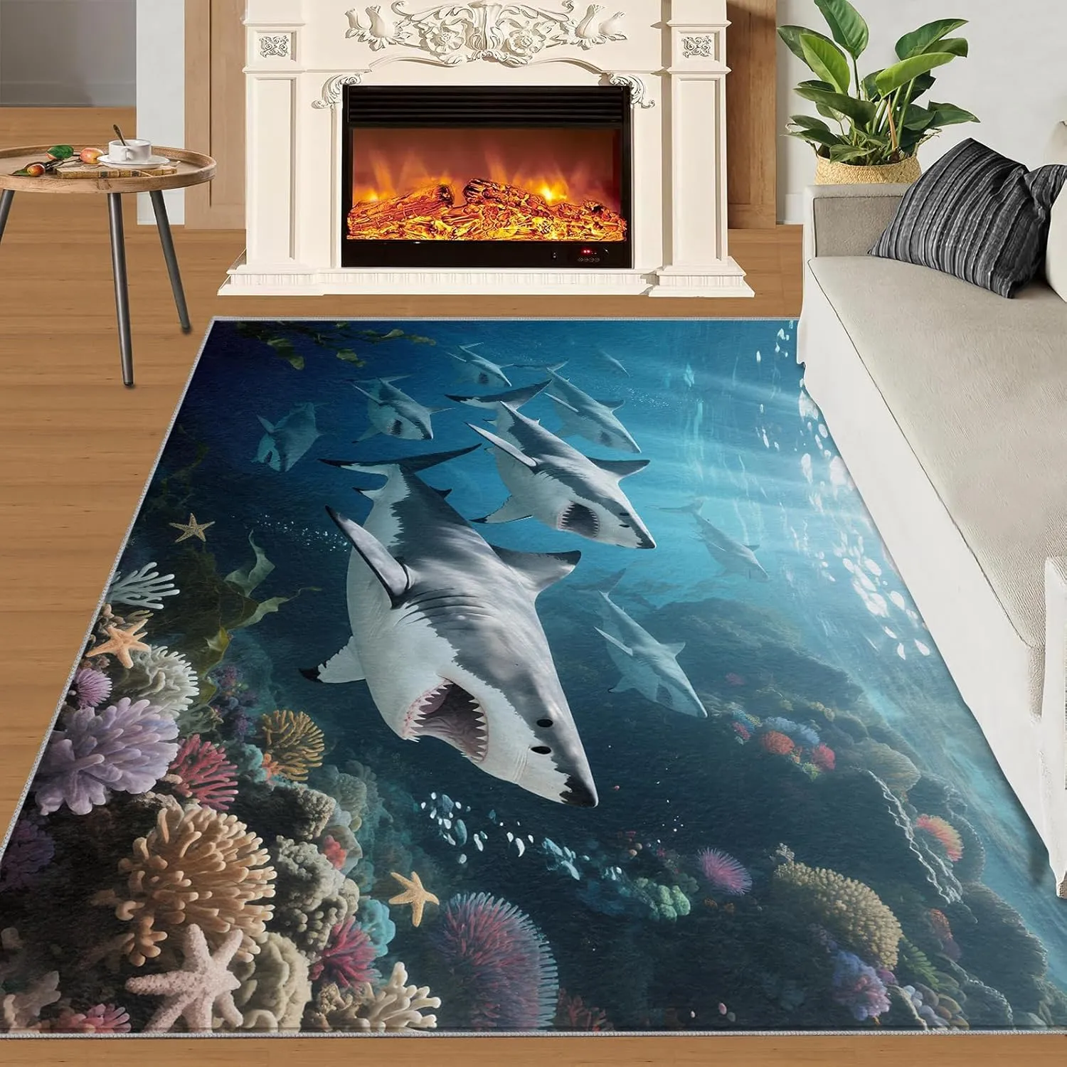 Cartoon Shark Rugs for Bedroom Living Room Playroom, 3 x 2 Area Rug, Blue Ocean Non Slip Indoor Rug, Underwater World Decorative Rugs