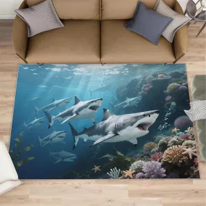 Cartoon Shark Rugs for Bedroom Living Room Playroom, 3 x 2 Area Rug, Blue Ocean Non Slip Indoor Rug, Underwater World Decorative Rugs