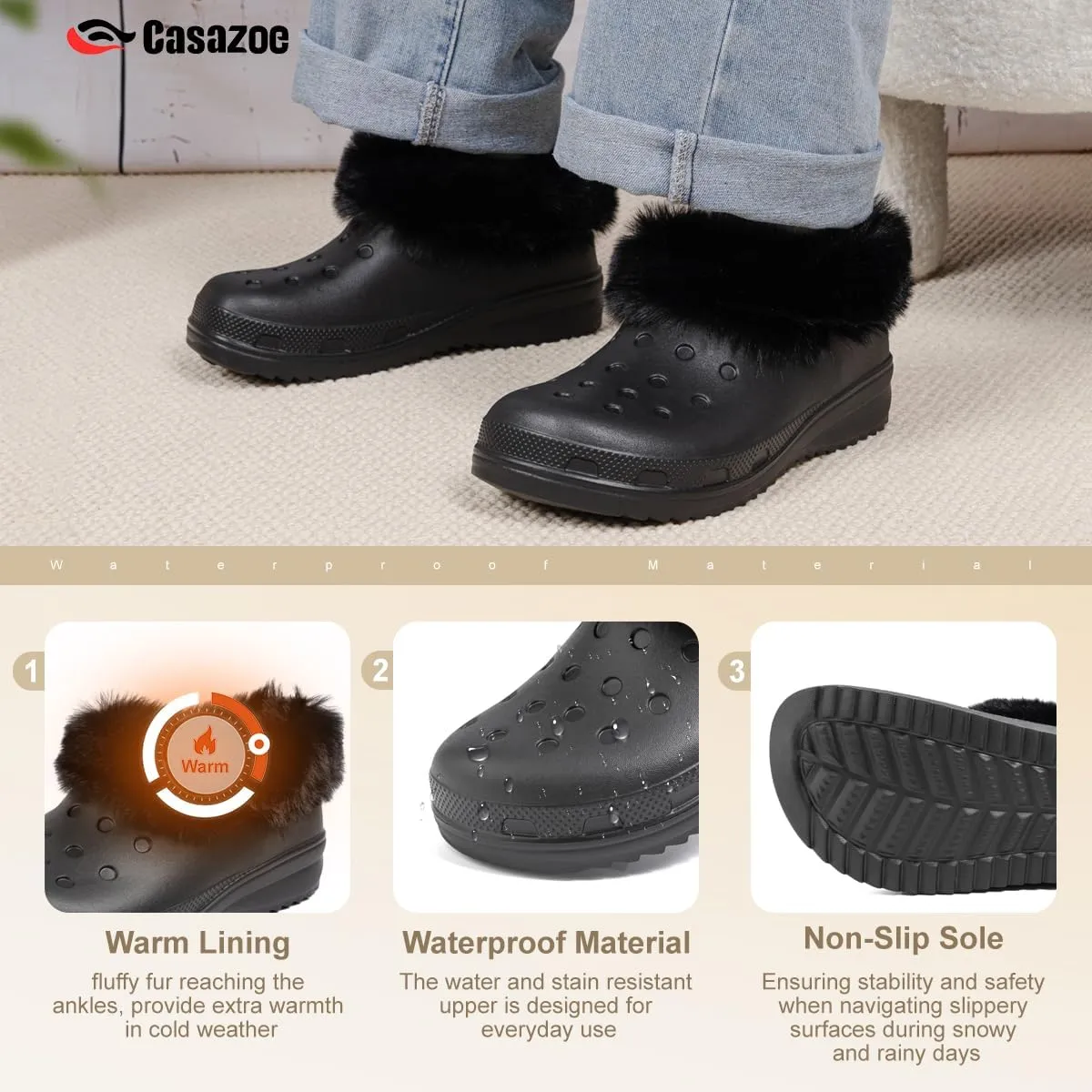 Casazoe Unisex-Adult Lined Clogs Women Men Waterproof Winter Warm Fuzzy Slippers Fleece Lining House Slippers Lightweight Outdoor Indoor Home Shoes