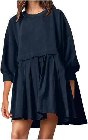 Casual Dresses for Women Plus Size Fall Fashion Long Sleeve Crewneck Patchwork Sweatshirt Dress Sweet Cute Pullover