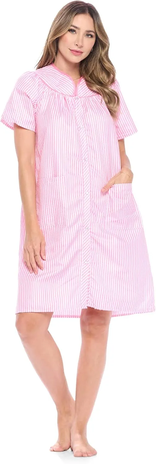 Casual Nights Women's Snap - Front House Dress Short Sleeve Woven Housecoat Duster Lounger Robe with Pockets