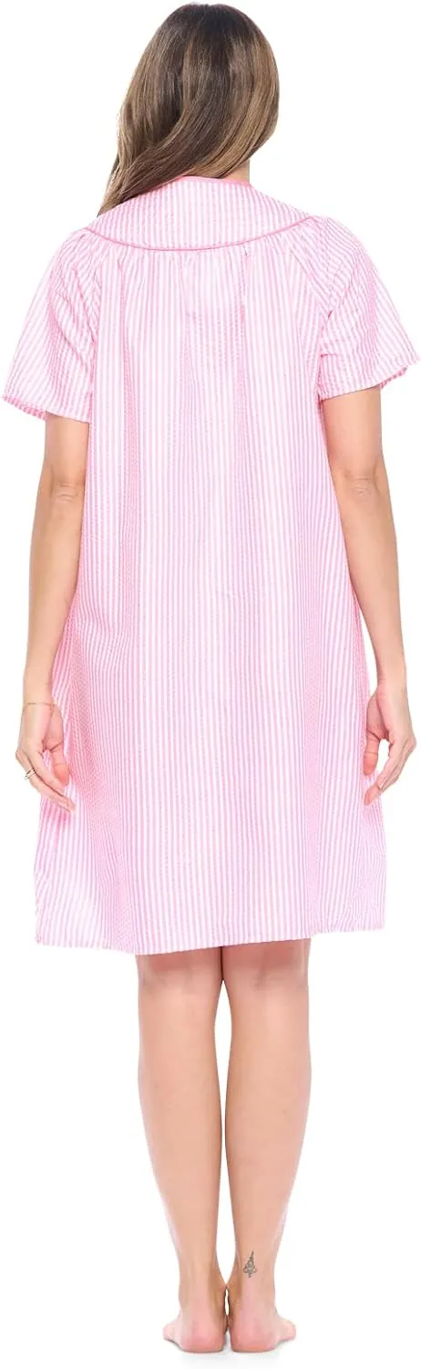 Casual Nights Women's Snap - Front House Dress Short Sleeve Woven Housecoat Duster Lounger Robe with Pockets