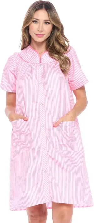 Casual Nights Women's Snap - Front House Dress Short Sleeve Woven Housecoat Duster Lounger Robe with Pockets