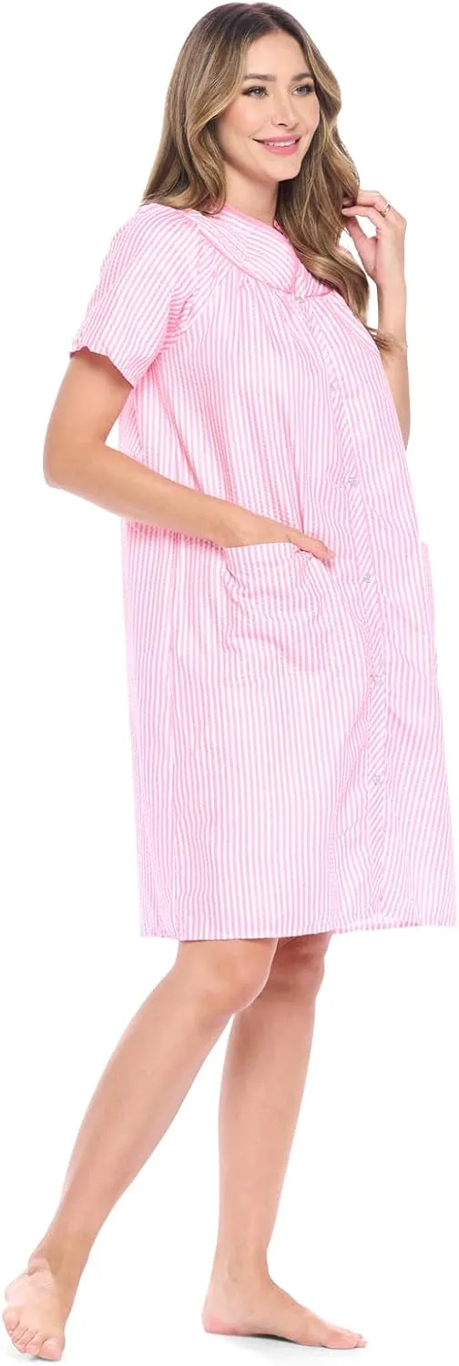 Casual Nights Women's Snap - Front House Dress Short Sleeve Woven Housecoat Duster Lounger Robe with Pockets