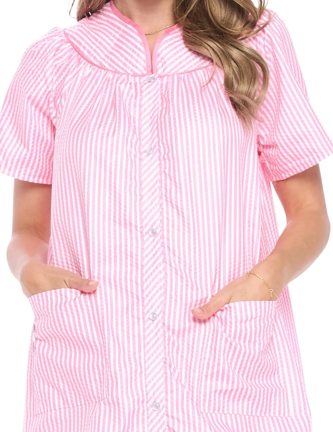 Casual Nights Women's Snap - Front House Dress Short Sleeve Woven Housecoat Duster Lounger Robe with Pockets