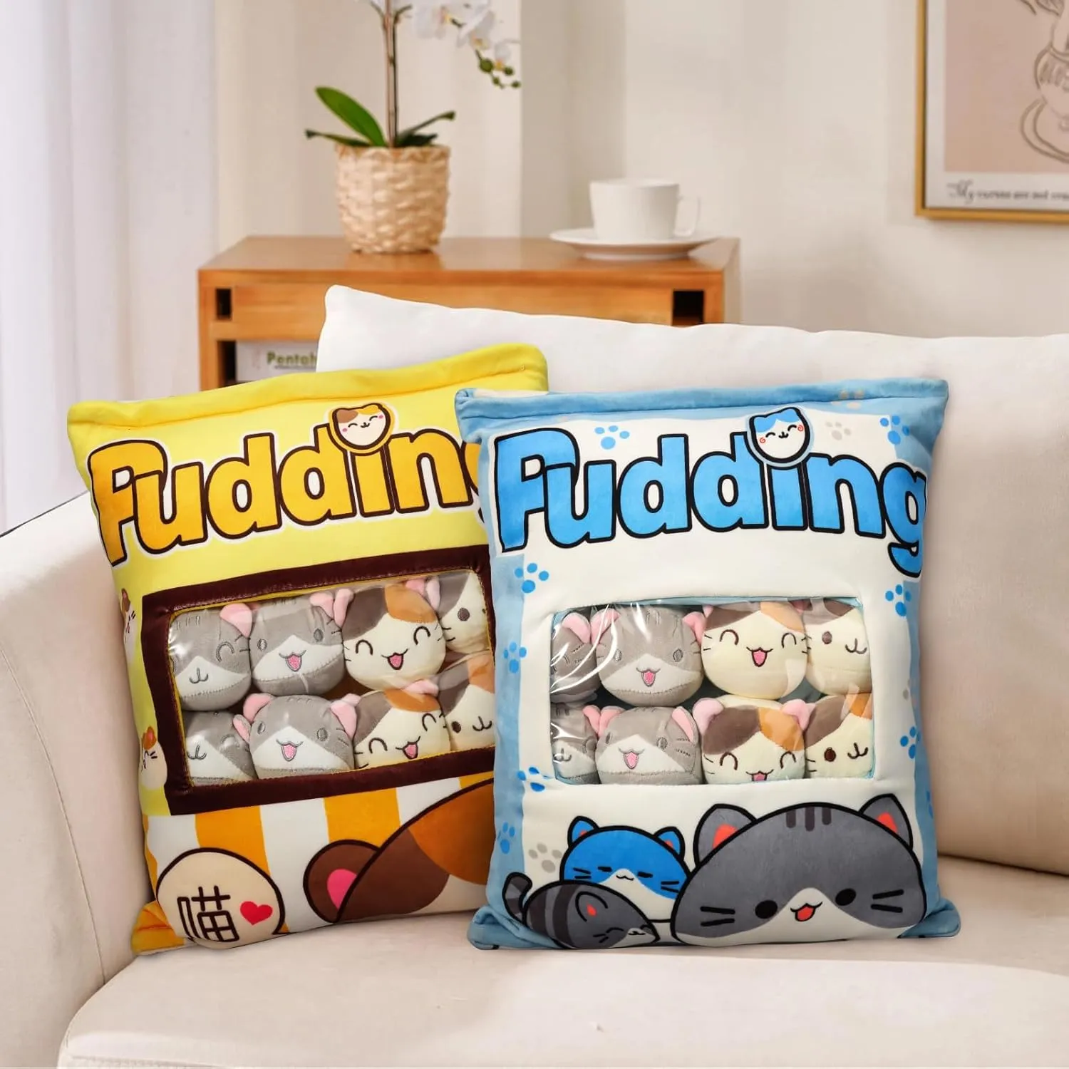 Cat Plush Pillow, Cute Plushies with Kitten Doll, Bag of Removable Kitten Stuffed Animals, Kawaii Plushies Cat Toy for Kids, Gift for Girls Boys Birthday (8 Blue Kitten)
