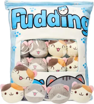 Cat Plush Pillow, Cute Plushies with Kitten Doll, Bag of Removable Kitten Stuffed Animals, Kawaii Plushies Cat Toy for Kids, Gift for Girls Boys Birthday (8 Blue Kitten)
