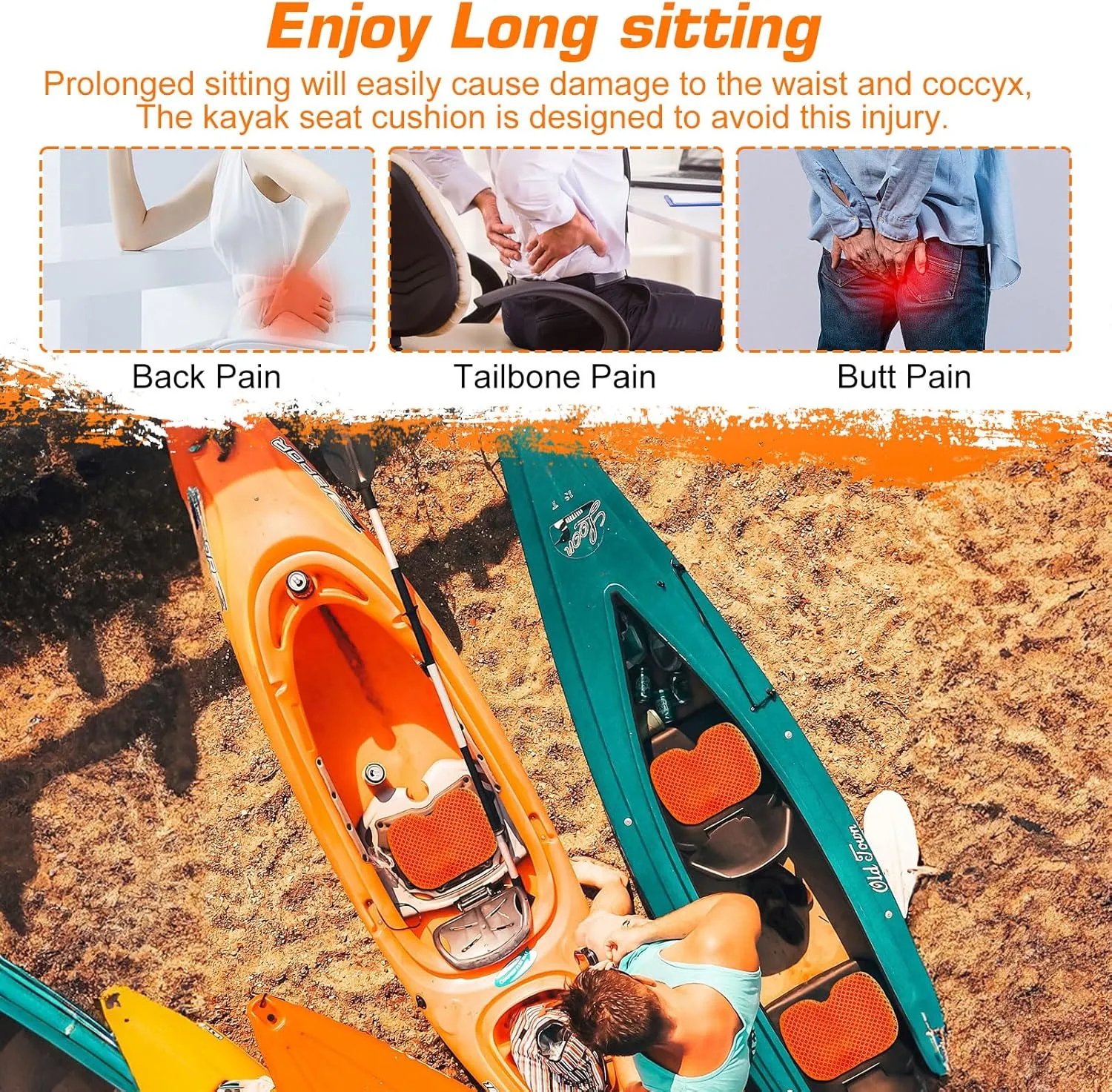 CHANGE MOORE Anti-Slip Boat Seat Cushion: Thicken Canoe Accessories Comfortable Waterproof Gel Paddle Board Seat Kayak Accessories for Enhanced Kayak Seating Experience Orange M
