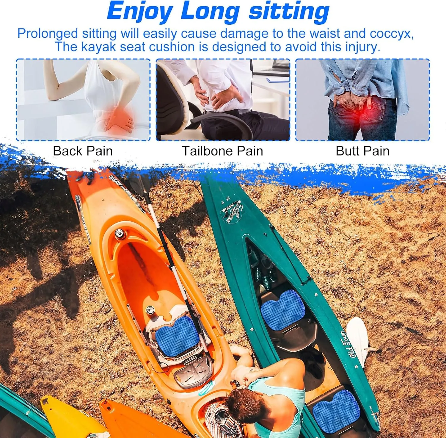 CHANGE MOORE Anti-Slip Paddle Board Seat: Comfortable Thicken Kayak Seat Cushion Waterproof Gel Canoe Seat Kayak Accessories for Enhanced Kayak Seating Experience Blue M