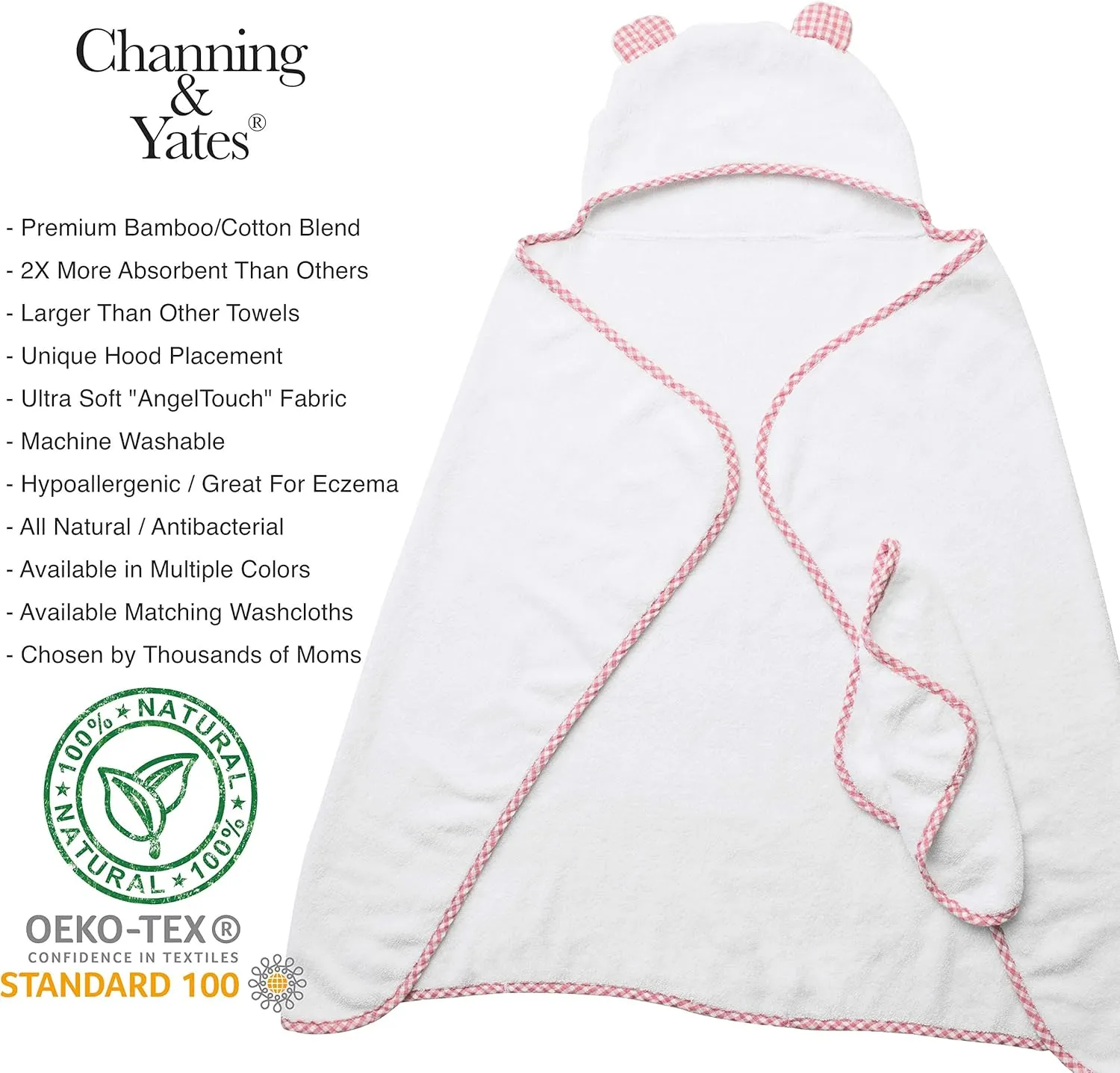 Channing & Yates Premium Boutique Hooded Baby Towels and Washcloth Set - Organic Viscose Made from Bamboo Baby Towel with Hood… (Pink Set)