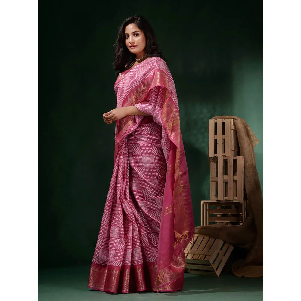 CHARUKRITI Pink Silk Blend Printed Saree with Unstitched Blouse