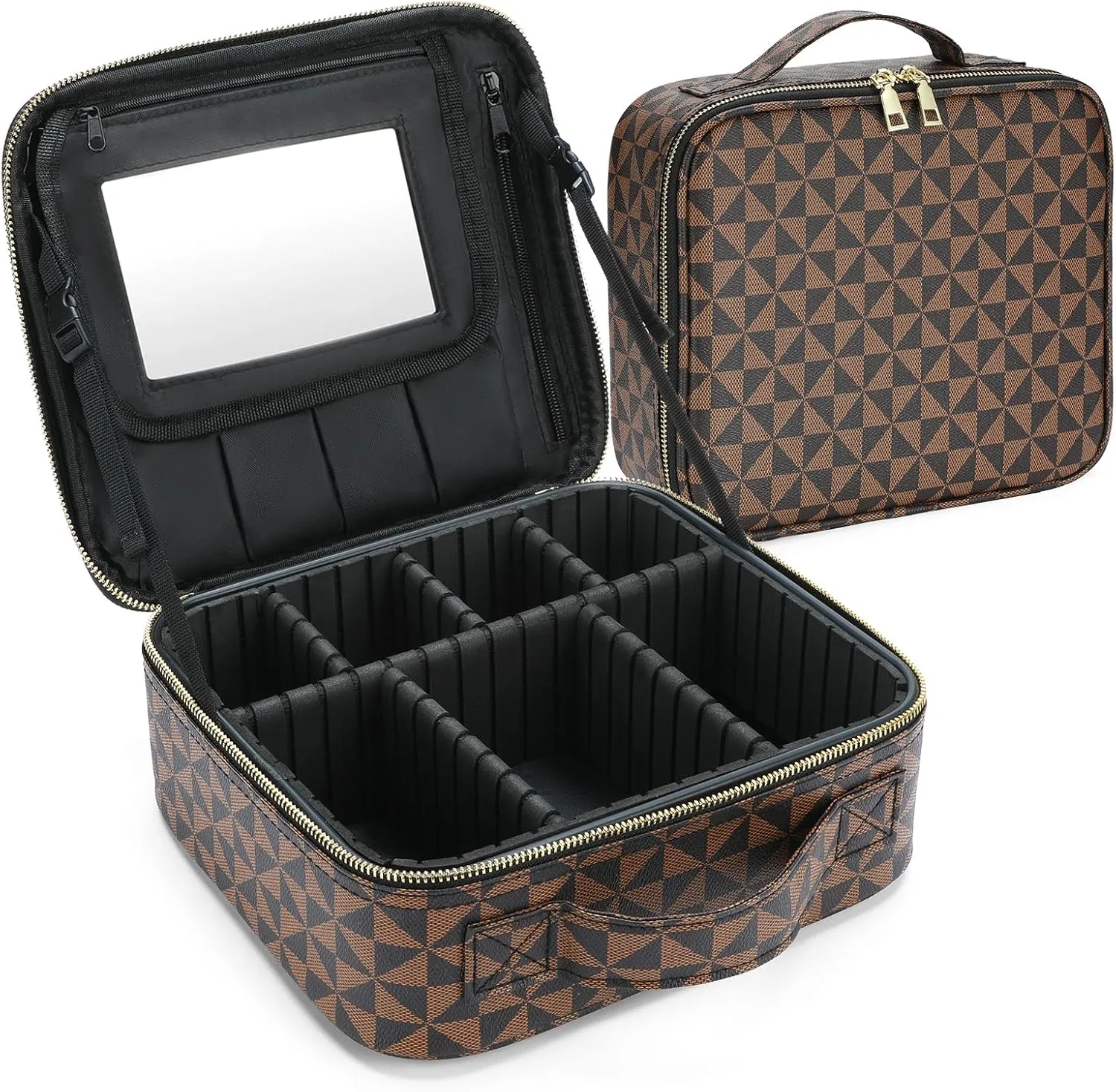 Checkered Makeup Bag, Travel Makeup Train Case, Portable Storage Bag with Dividers, Large Capacity Cosmetic Bags for Women, Makeup bag with Mirror, PU Leather Makeup Organizer Waterproof and Durable