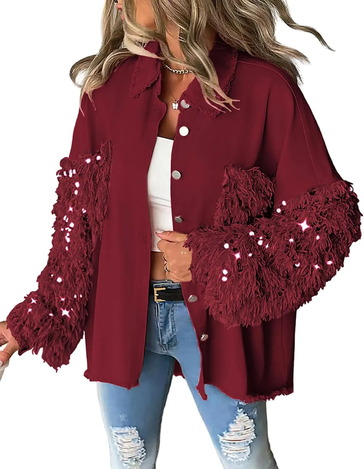 CHICME BEST SHOPPING DEALS Womens Jacket Sequin Patchwork Long Sleeve Jacket Top Button Front Oversized Denim Shacket