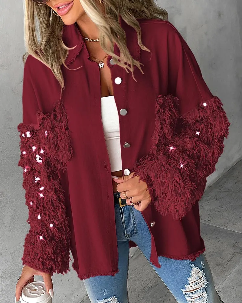 CHICME BEST SHOPPING DEALS Womens Jacket Sequin Patchwork Long Sleeve Jacket Top Button Front Oversized Denim Shacket