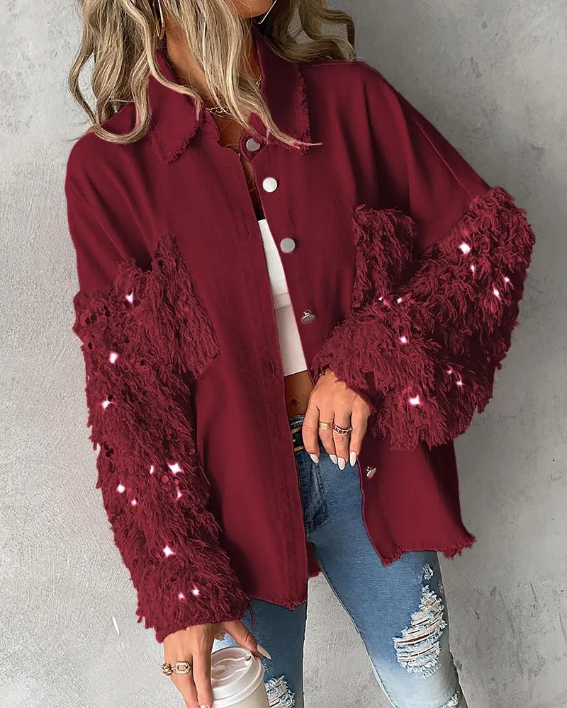 CHICME BEST SHOPPING DEALS Womens Jacket Sequin Patchwork Long Sleeve Jacket Top Button Front Oversized Denim Shacket