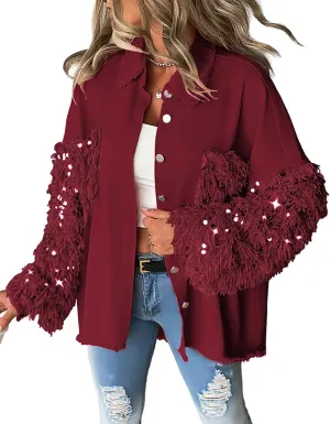 CHICME BEST SHOPPING DEALS Womens Jacket Sequin Patchwork Long Sleeve Jacket Top Button Front Oversized Denim Shacket