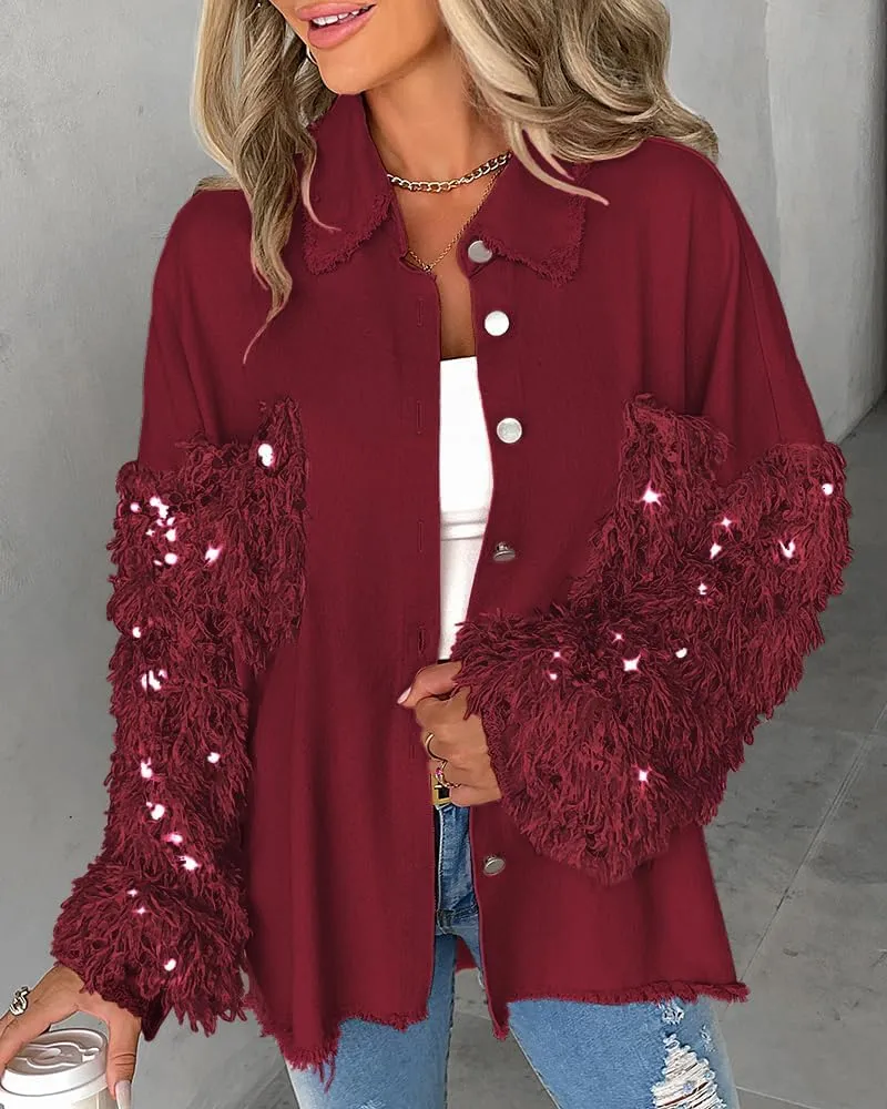 CHICME BEST SHOPPING DEALS Womens Jacket Sequin Patchwork Long Sleeve Jacket Top Button Front Oversized Denim Shacket