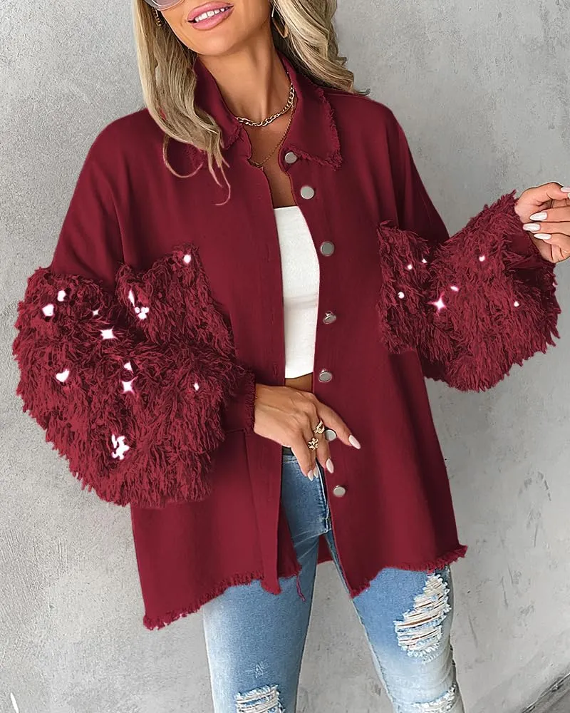 CHICME BEST SHOPPING DEALS Womens Jacket Sequin Patchwork Long Sleeve Jacket Top Button Front Oversized Denim Shacket