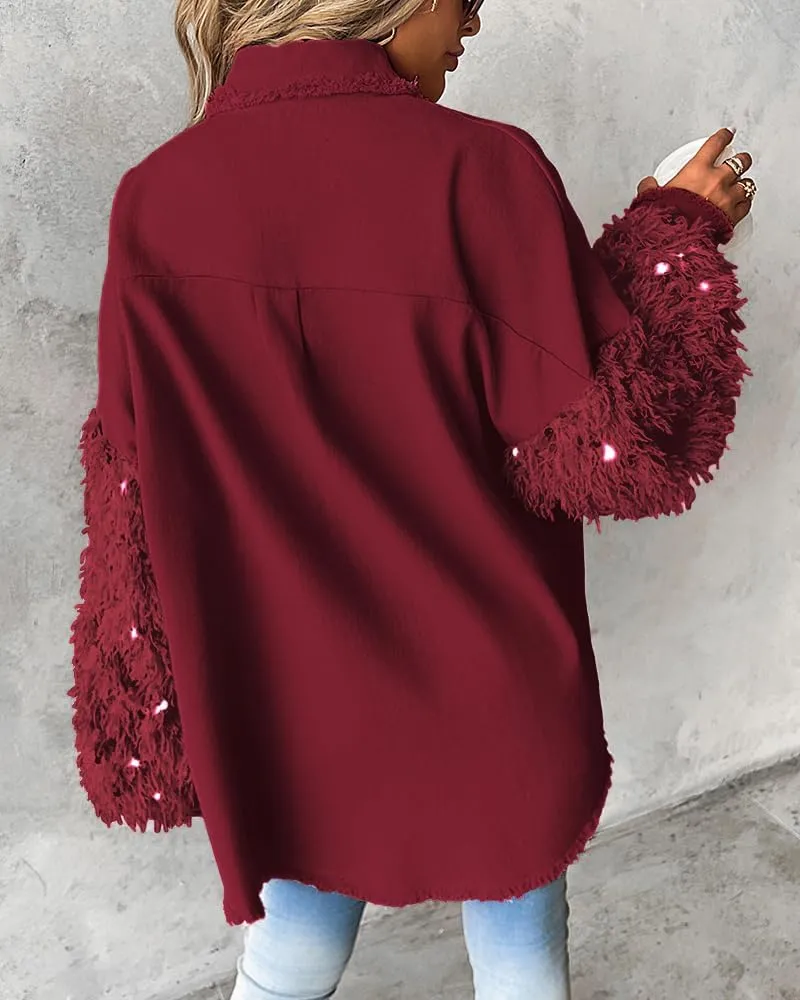 CHICME BEST SHOPPING DEALS Womens Jacket Sequin Patchwork Long Sleeve Jacket Top Button Front Oversized Denim Shacket