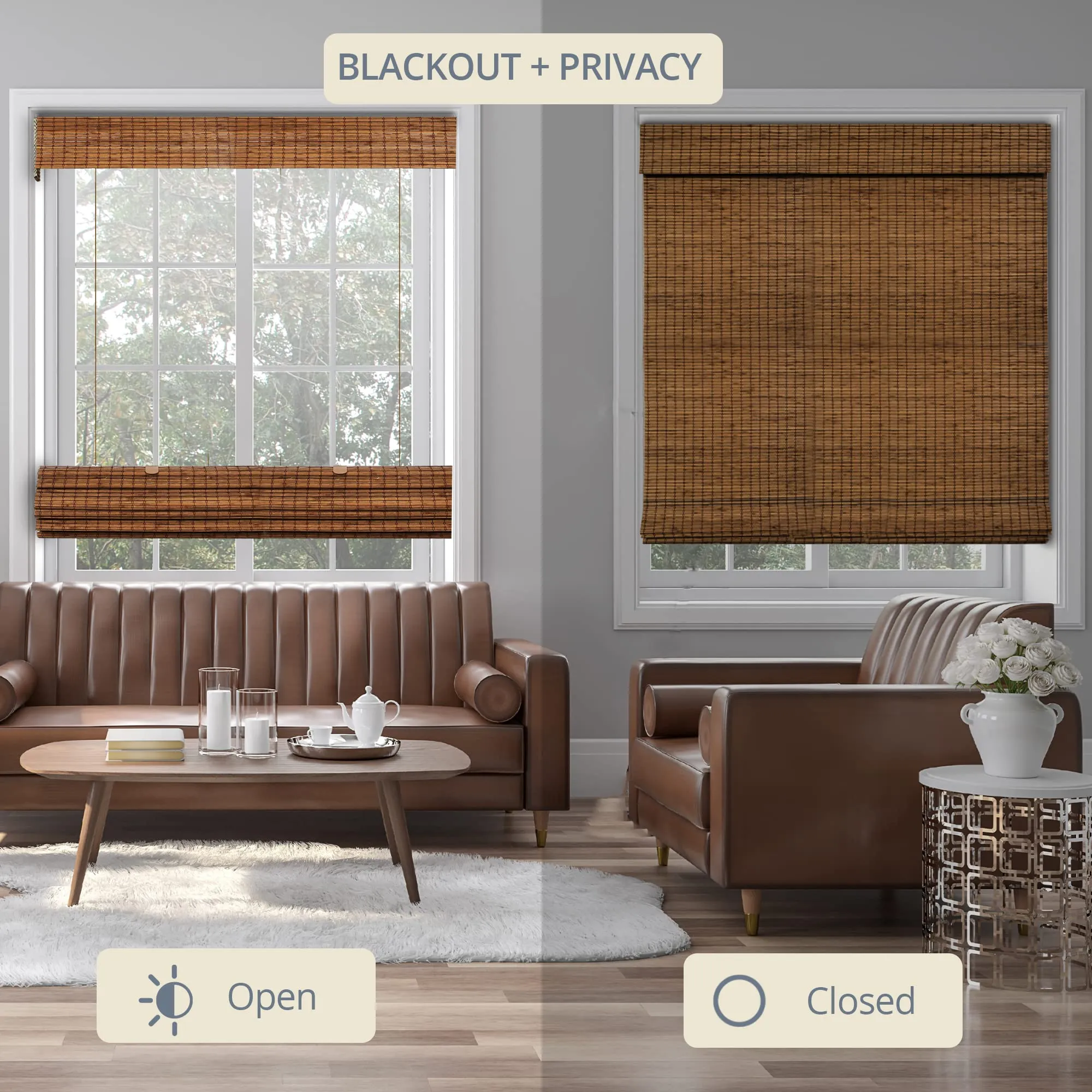CHICOLOGY Top Down Bottom Up Cordless Bamboo Blinds, Bamboo Blinds, Roman Window Shade, Window Shade Roman, Patio Blinds and Shades, Porch Shades Outdoor Roll Up, Frost, 35" W X 64" H