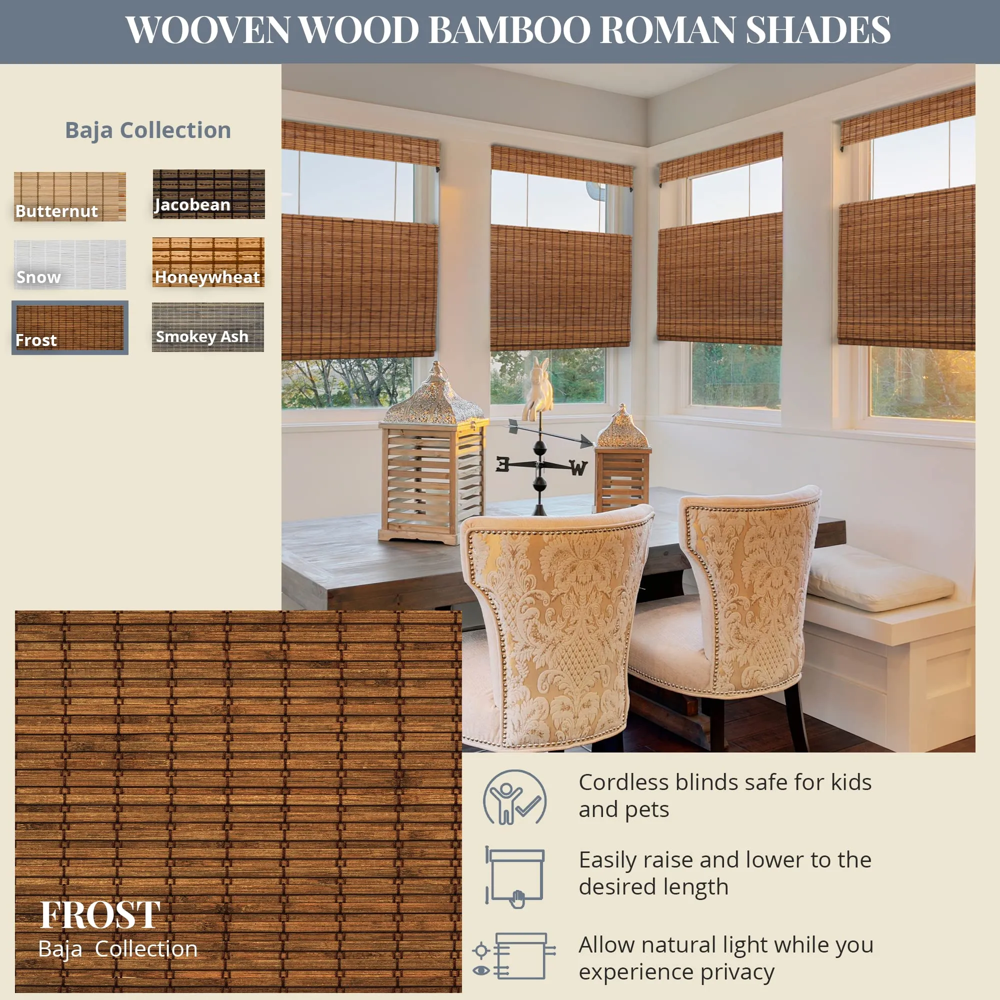 CHICOLOGY Top Down Bottom Up Cordless Bamboo Blinds, Bamboo Blinds, Roman Window Shade, Window Shade Roman, Patio Blinds and Shades, Porch Shades Outdoor Roll Up, Frost, 35" W X 64" H