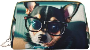 Chihuahua Dog Glasses Leather Toiletry Organizer Bag, Travel-Friendly Makeup Pouch For Women