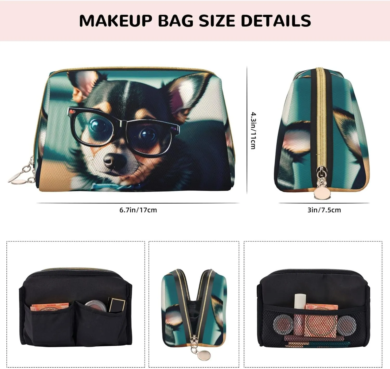 Chihuahua Dog Glasses Leather Toiletry Organizer Bag, Travel-Friendly Makeup Pouch For Women