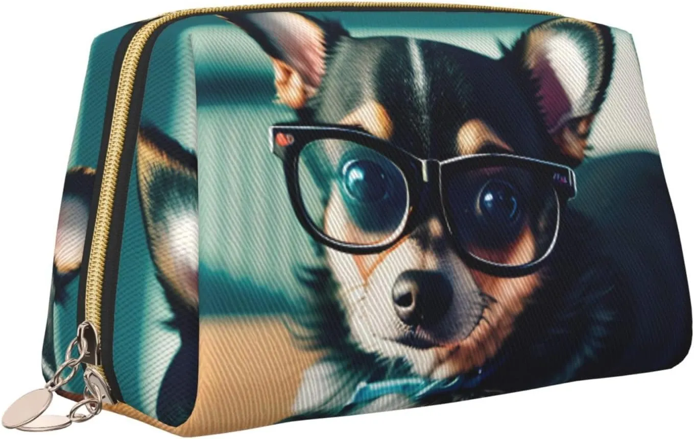Chihuahua Dog Glasses Leather Toiletry Organizer Bag, Travel-Friendly Makeup Pouch For Women