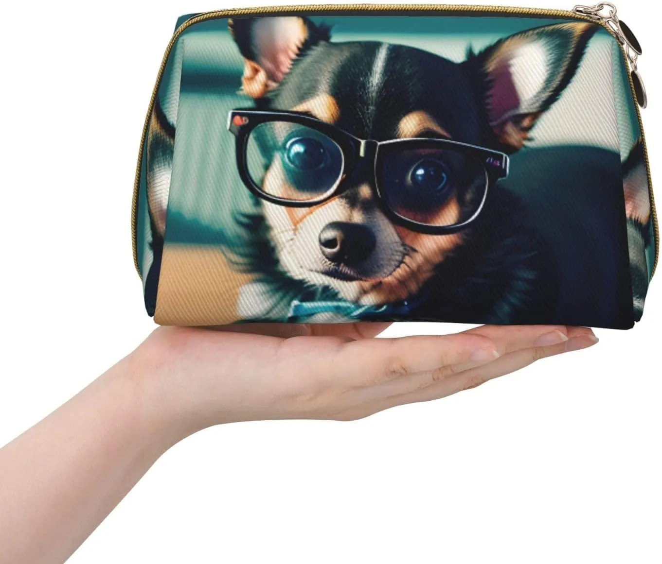 Chihuahua Dog Glasses Leather Toiletry Organizer Bag, Travel-Friendly Makeup Pouch For Women