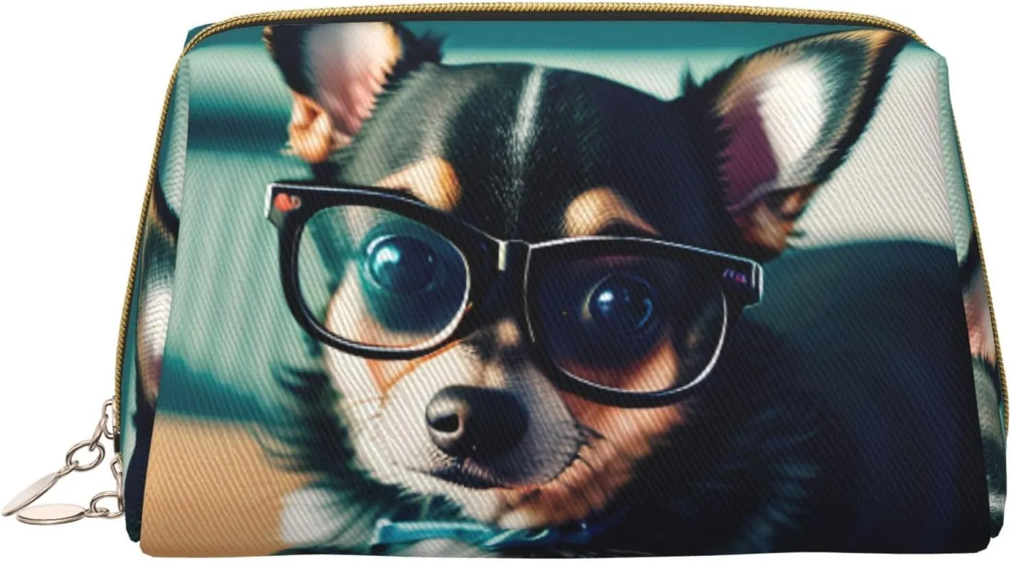 Chihuahua Dog Glasses Leather Toiletry Organizer Bag, Travel-Friendly Makeup Pouch For Women