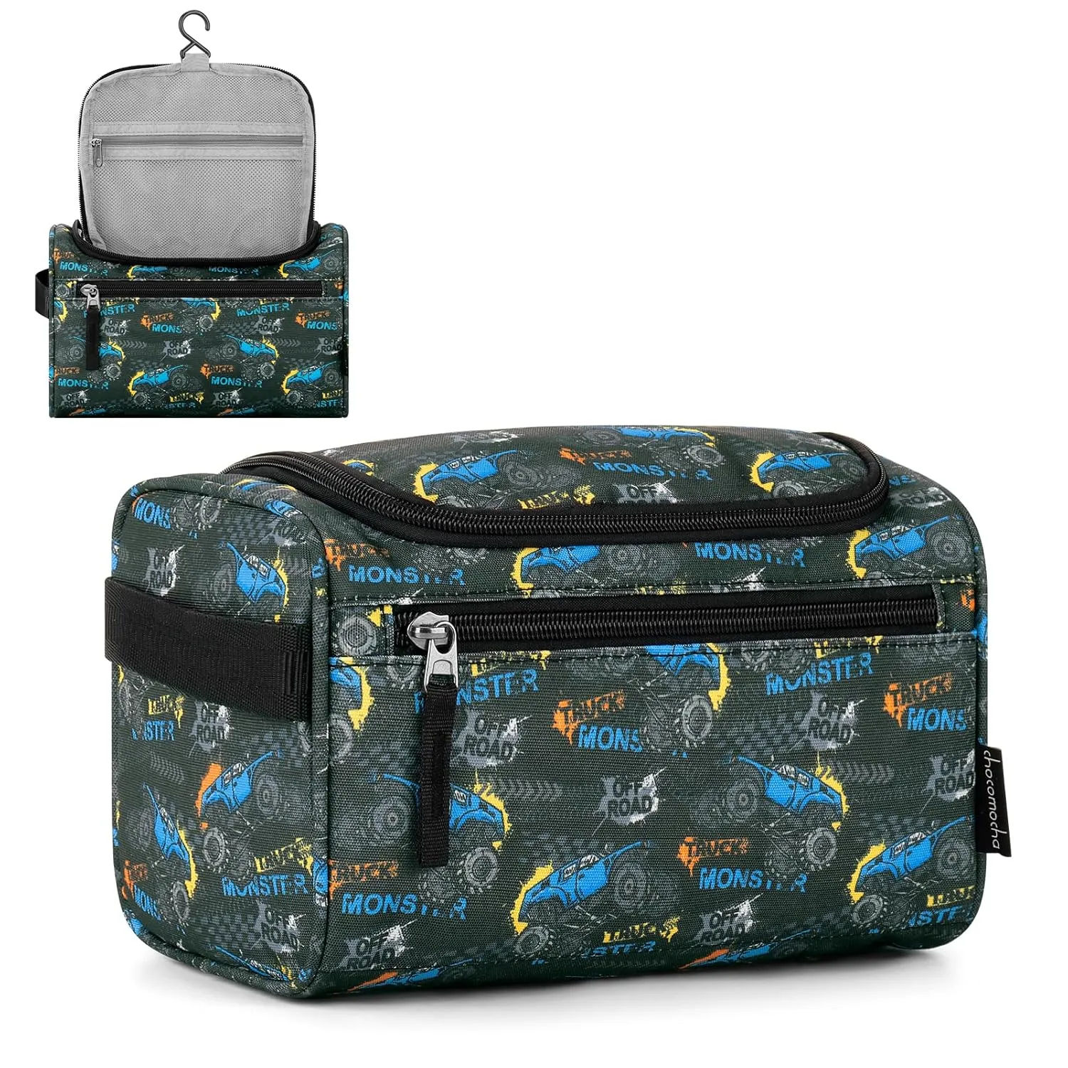 Choco Mocha Kids Toiletry Bag for Boys, Travel Waterproof Hanging Toiletry Bag for Boys, Truck Black