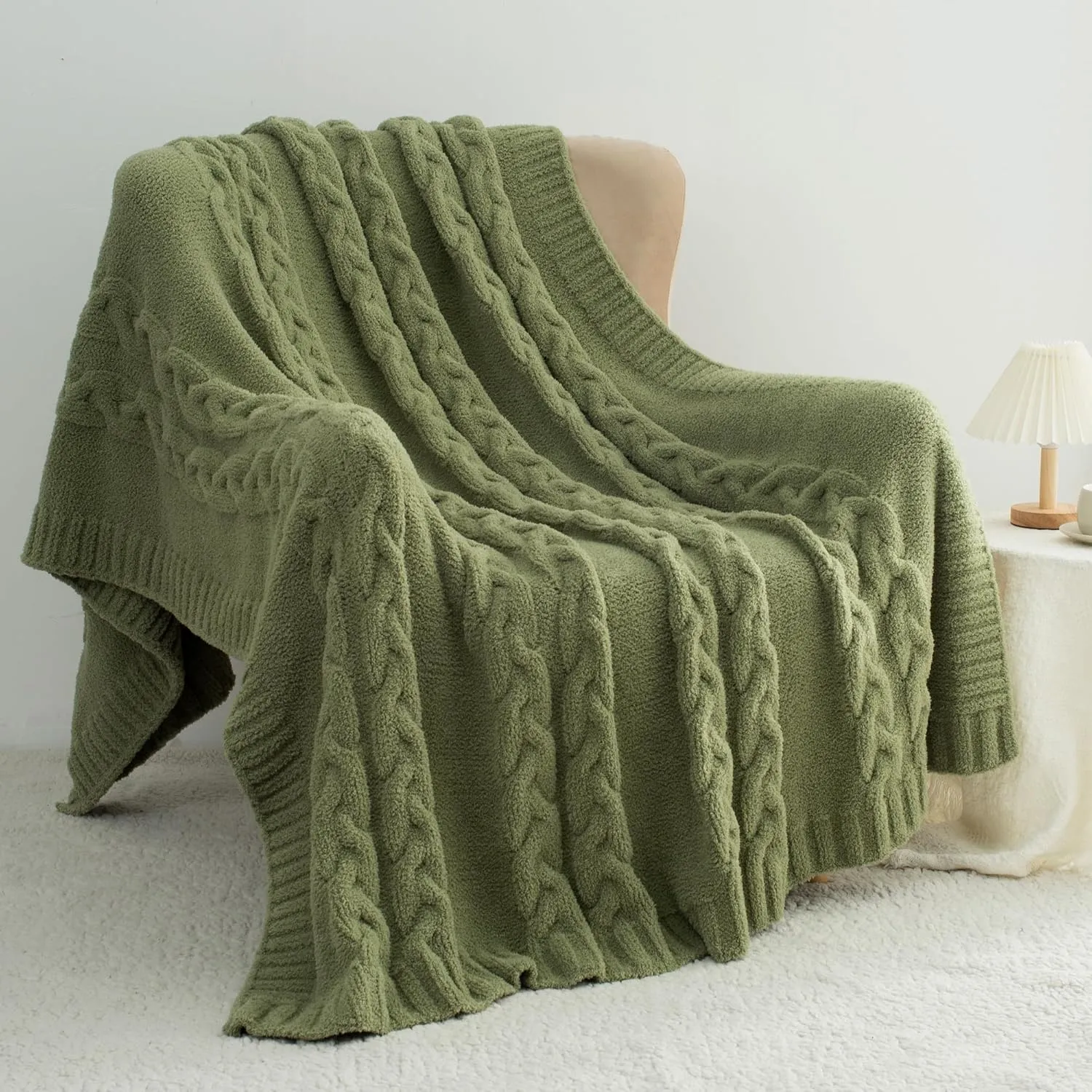 Chunky Knit Blanket Super Soft Cable Fluffy Microfiber Cozy Warm Winter Blankets for Couch Sofa Bed Twin Size 60"X80" Olive Green