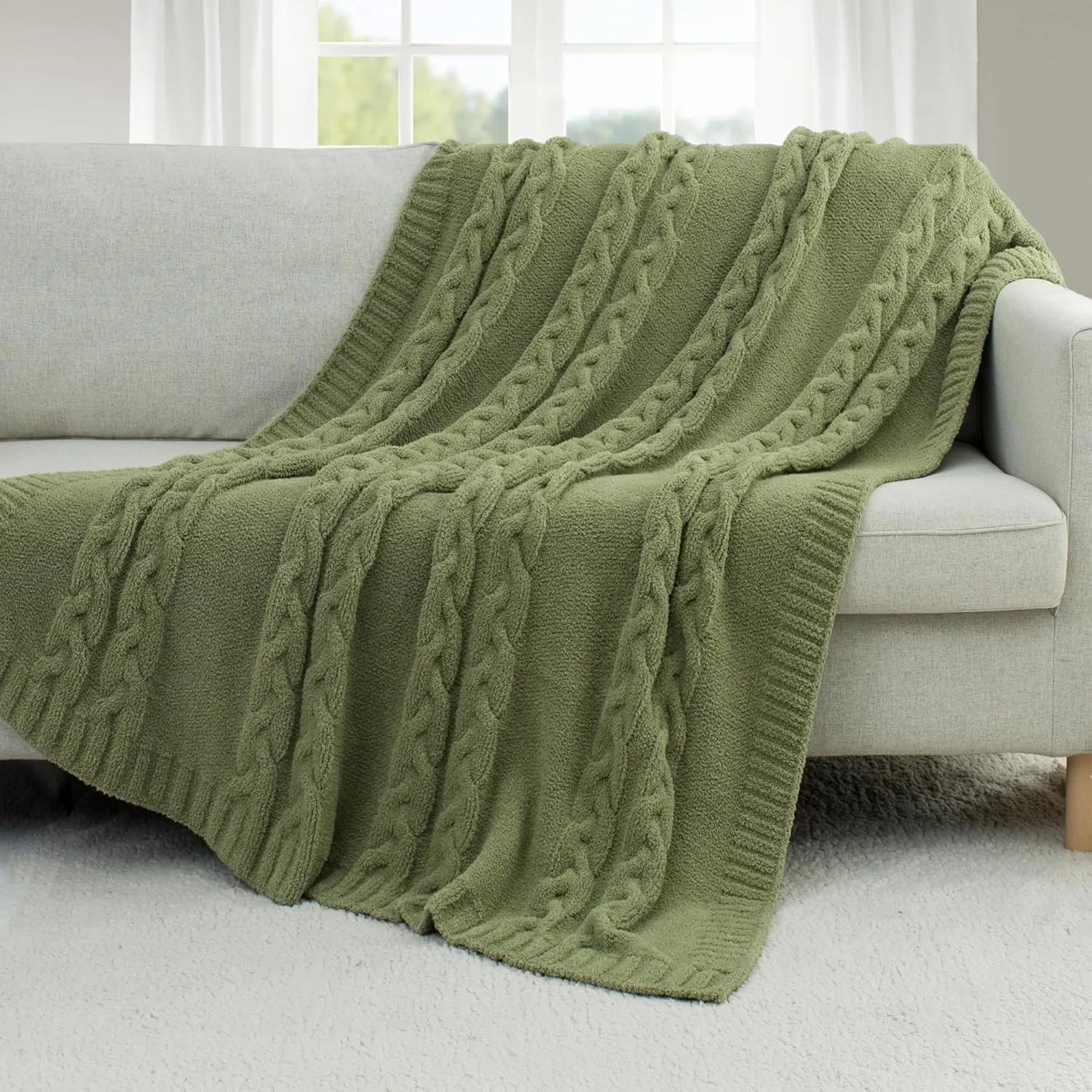 Chunky Knit Blanket Super Soft Cable Fluffy Microfiber Cozy Warm Winter Blankets for Couch Sofa Bed Twin Size 60"X80" Olive Green