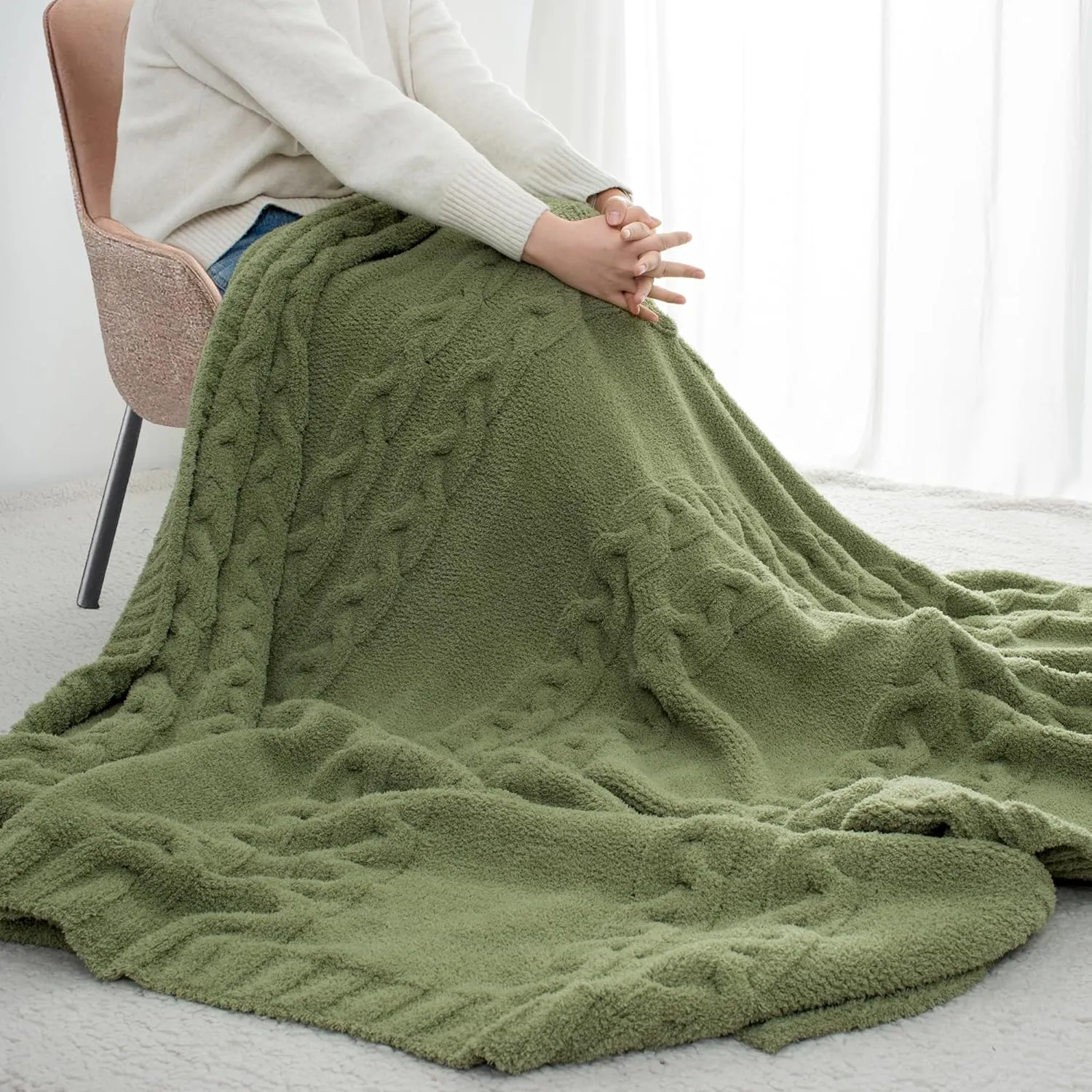 Chunky Knit Blanket Super Soft Cable Fluffy Microfiber Cozy Warm Winter Blankets for Couch Sofa Bed Twin Size 60"X80" Olive Green